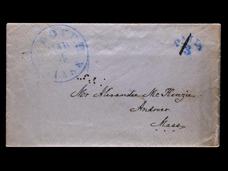 Blue Andover, MA Circular Datestamp and Matching Arced "PAID 3" on 1855 Cover with Manuscript "1"