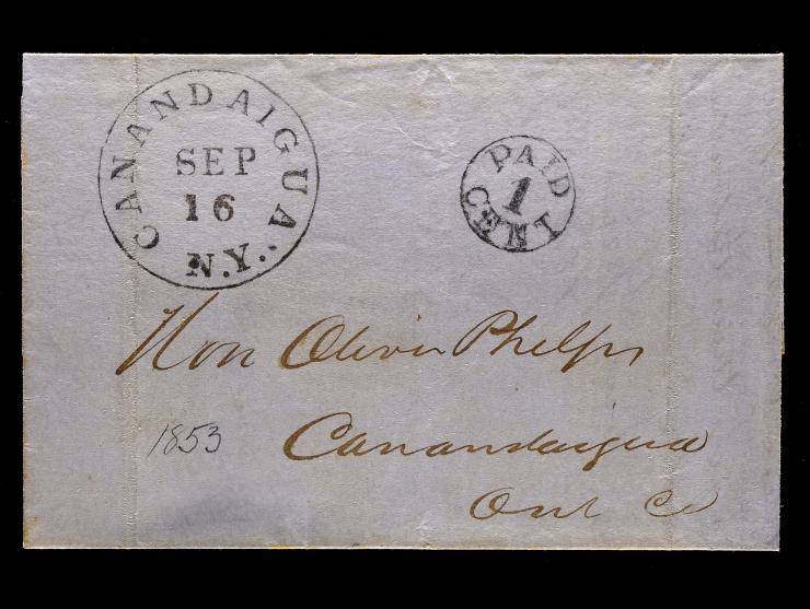Black "PAID/1/CENT" Circular Handstamp with Bold Strike of Canandaigua, N.Y. Datestamp on 1853 Drop Letter Cover