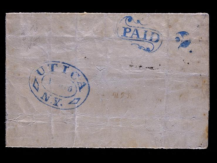 Blue "UTICA, NY" Double Oval Datestamp with Matching Fancy "PAID" In Ribbon and Numeral "2" on Local Drop Folded Letter