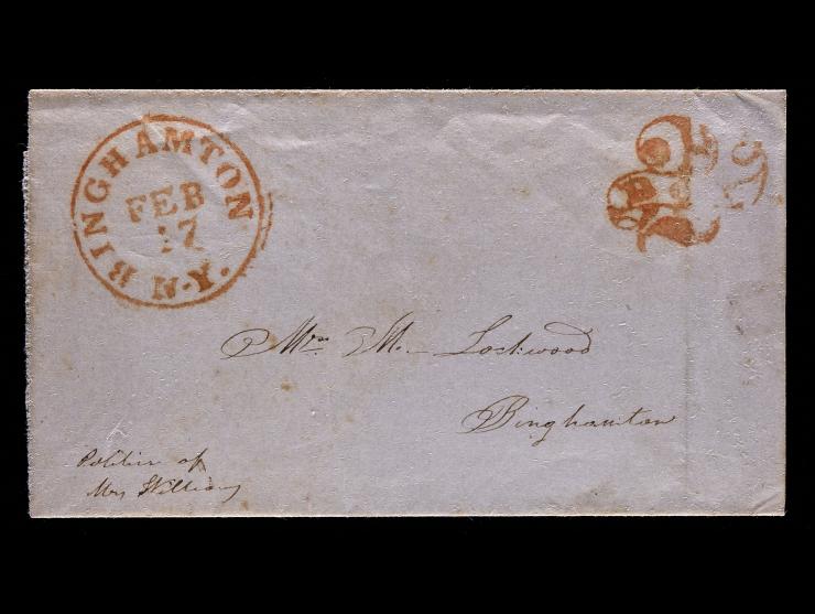 Red "BINGHAMTON, N.Y. "Datestamp with Matching Fancy "2/PAID" In Ribbon on Local 1848 Drop Cover
