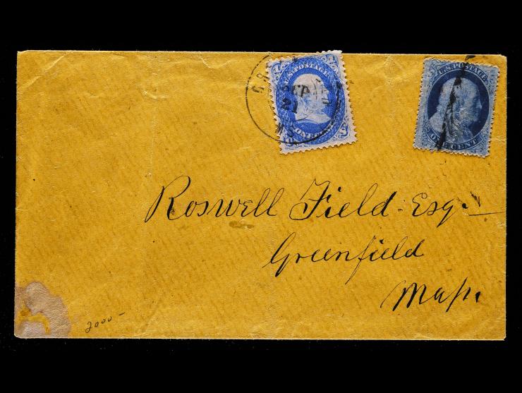 #24 1857 1c Blue with #63 1861 1c Blue, on Massachusetts Drop Rate Cover