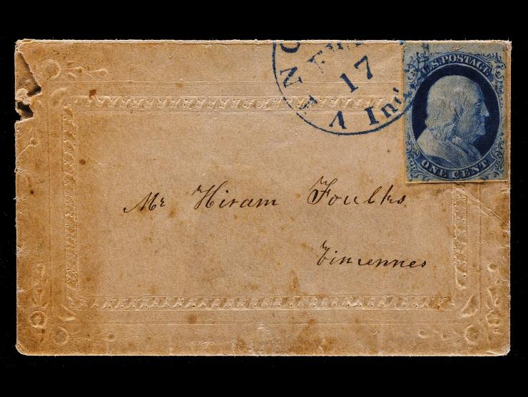 #9 1c Blue, Tied by Blue Indiana Datestamp on Local Drop Ladies Cover