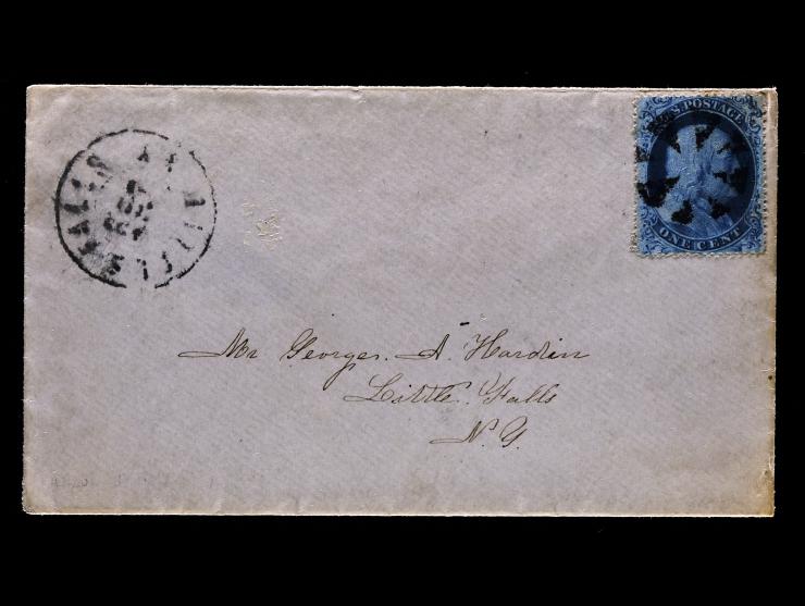 #20 1c Blue, Type II, Plate 11, T Relief, Top Row of Plate, Canceled on Locally Addressed Cover