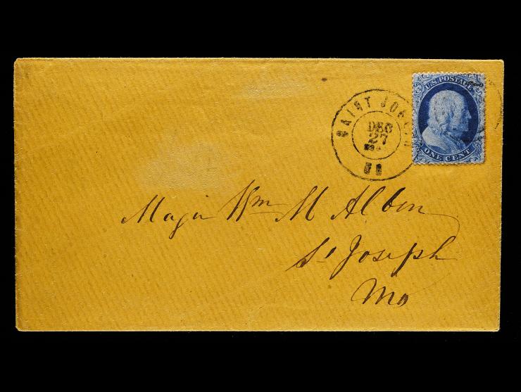#20, 1c Blue, Type II, Plate 11 T Relief, Top Row of Plate 11, Demonetized Usage on 1863 Local Cover