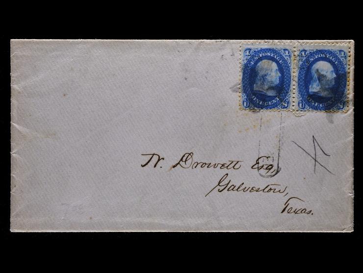 #63 1c Blue, Horizontal Pair, Tied by Cork Stars on 1866 "Advertised" Local Cover