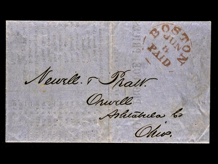 1852 Printed Circular, Boston to Orwell, OH, Red Boston PAID Circular Datestamp