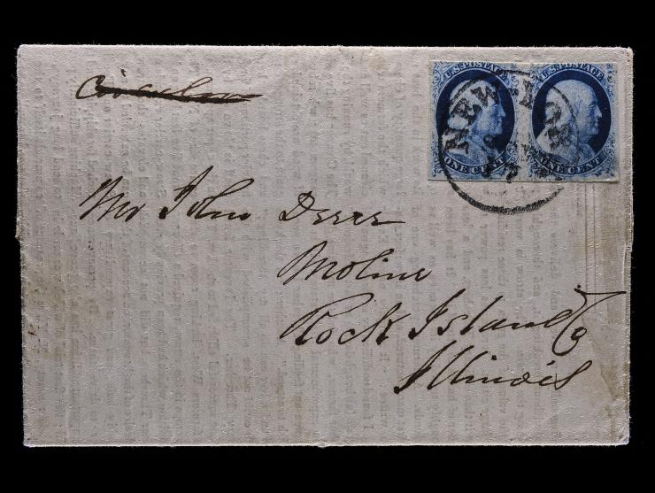 #7 1c Blue, Horizontal Pair, Tied on Folded Printed Circular