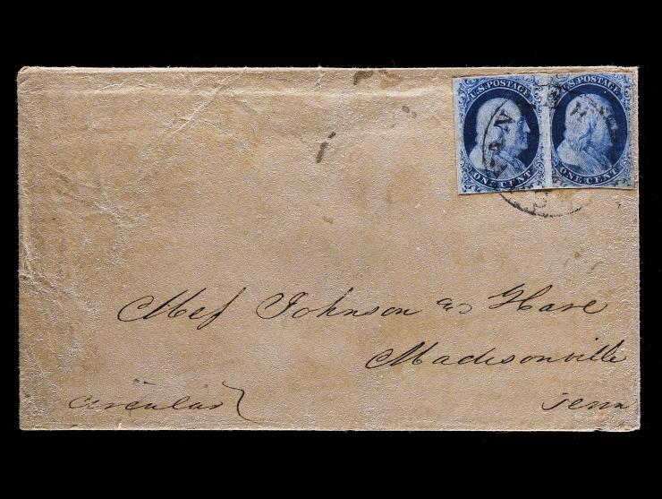 #7 1c Blue, Type II, Two Singles, Tied on 1856 Folded Printed Circular
