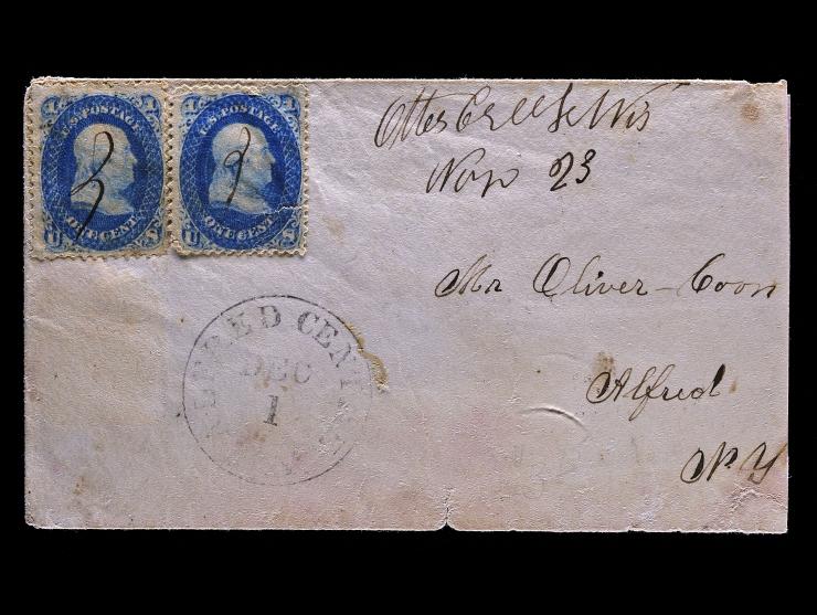 #63, 1c Blue, Two Singles on Cover, Alfred Center to Alfred, New York