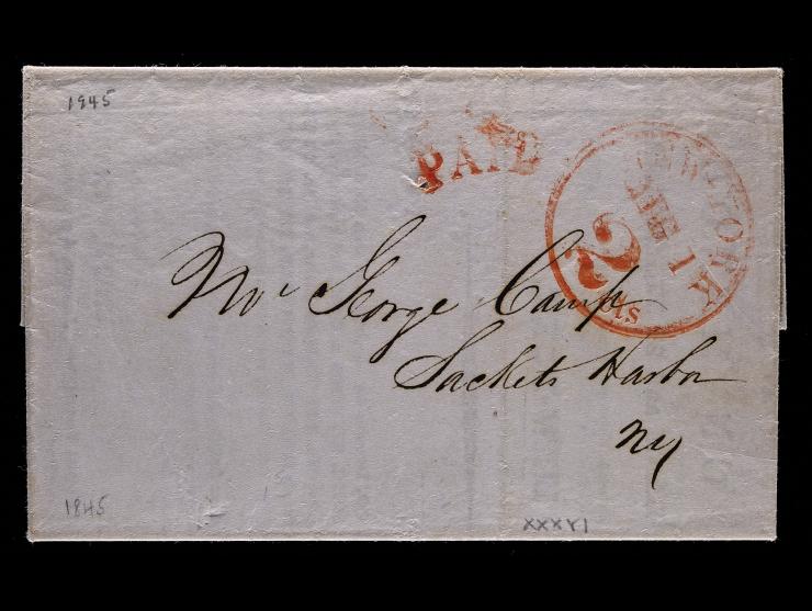1845 Stampless Printed Circular, New York to Sackets Harbor, Red "New York 1 Aug 2 Cts" and Matching Arced "PAID"