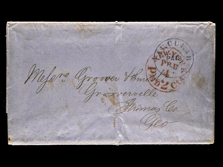 Private Handstamp on Folded Letter with New York Integral Rate, 2c Circular Rate, to Groverville, Georgia