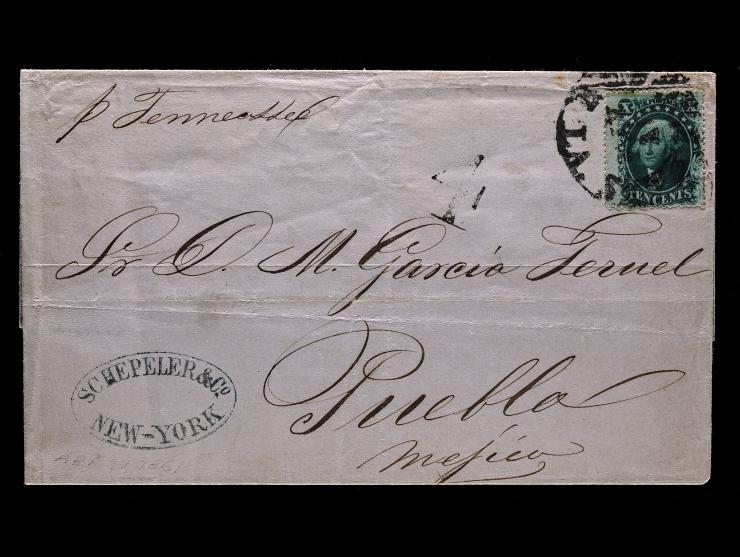 #35 10c Green, Type V, Tied by New Orleans Postmark on 1861 New York Cover to Pueblo, Mexico