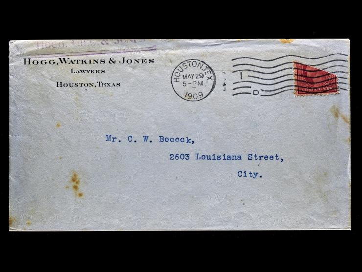 #332 1902 2c Carmine, Truncated Bisect, Tied by Houston, Tex Machine Cancel on Local Cover