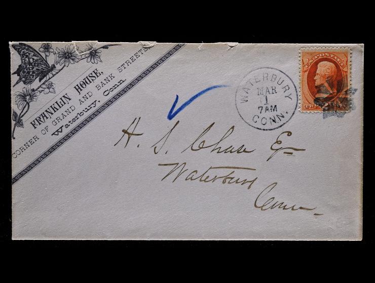 #183 2c Vermilion, Tied by Rosette, 8 Segments, Type 3 of Waterbury, Connecticut Handstamp on Locally Used Hotel Corner Card