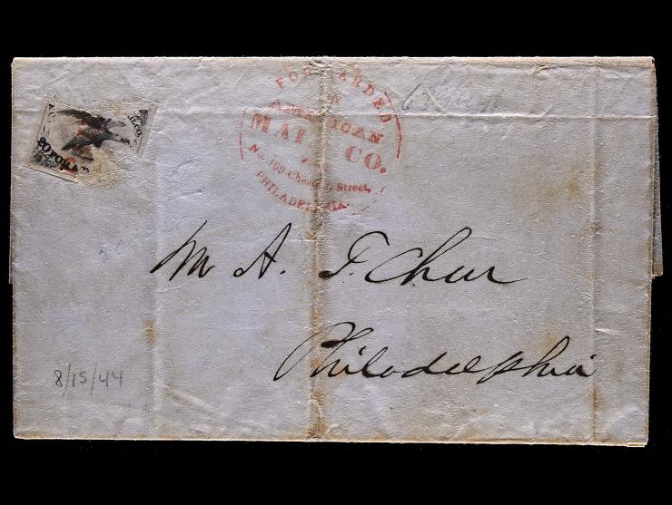 American Letter Mail Co., 5L1, 5c Black, with "FREE", used on 1844 Folded Letter with Red Company Datestamp to Philadelphia