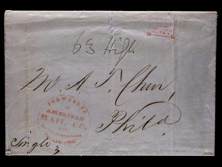 American Letter Mail Co., Red Company Forwarding Handstamp on 1844 Folded Letter, New York to Philadelphia