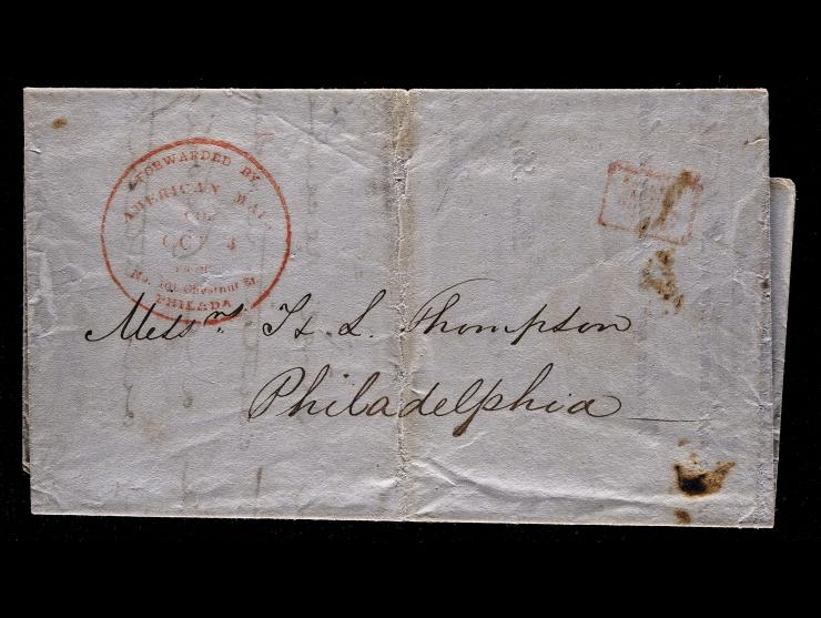 American Letter Mail Co., Red Company Forwarding Handstamp on 1844 Transatlantic Folded Letter, Birmingham to Philadelphia via Boston