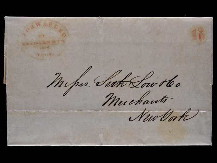 Brainard & Co., Red Oval Company Forwarding Handstamp and additional "6" rate handstamp on 1844 Folded letter, Hudson River Route