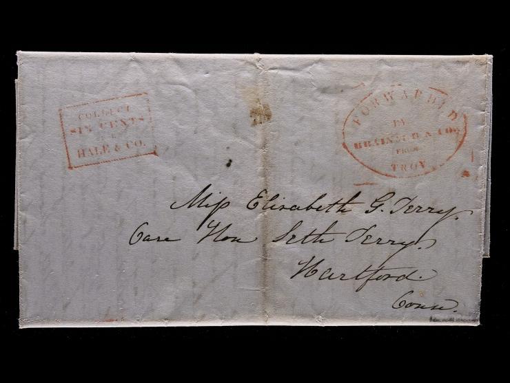 Brainard & Co. and Hale & Co., Red Oval Brainard & Co. Forwarding Handstamp with Hale Collect on 1845 Stampless Folded Letter, Troy to Hartford