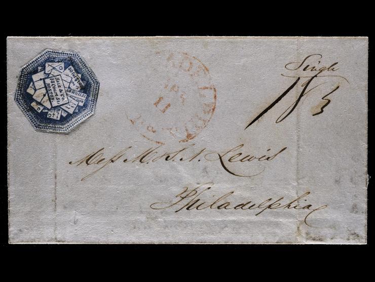 Hale & Co., 75L1, 6c Light Blue, Cut to Shape on 1844 Folded Cover, Boston to Philadelphia