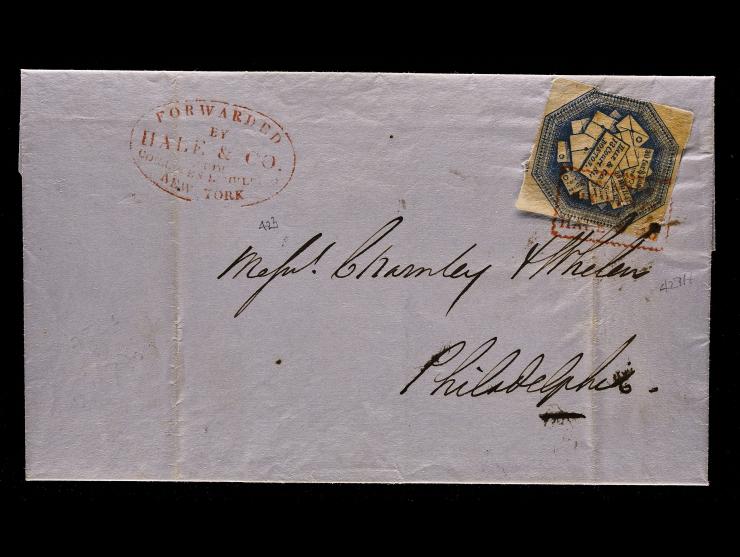 Hale & Co., 75L1, 6c Light Blue, Tied by Boxed Company Cannel with Red Oval Forwarding Handstamp on 1844 Folded Letter