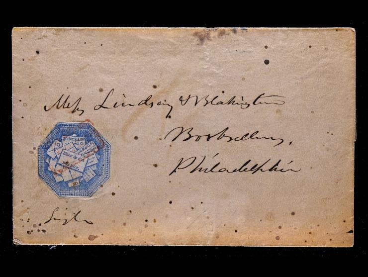 Hale & Co., 75L1, 6c Light Blue, Cut to Shape Tied by Red Boxed Company Cancel on 1845 Folded Letter to Philadelphia