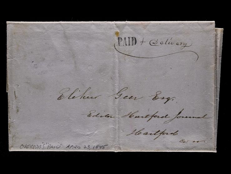 Overton & Co., Black "PAID" Handstamp with Manuscript "+ Delivery", Boston to Hartford