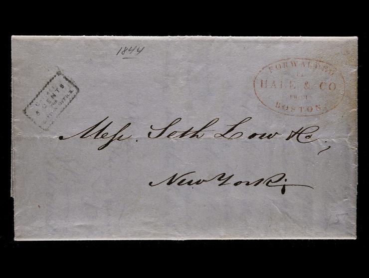 Hale & Co., Red Oval Forwarding Handstamp (F3) with Black Boxed "Collect" Handstamp, Boston to New York