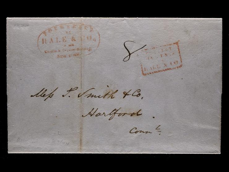 Hale & Co., 1844 Stampless Folded Letter from New York to Hartford. Manuscript "8"