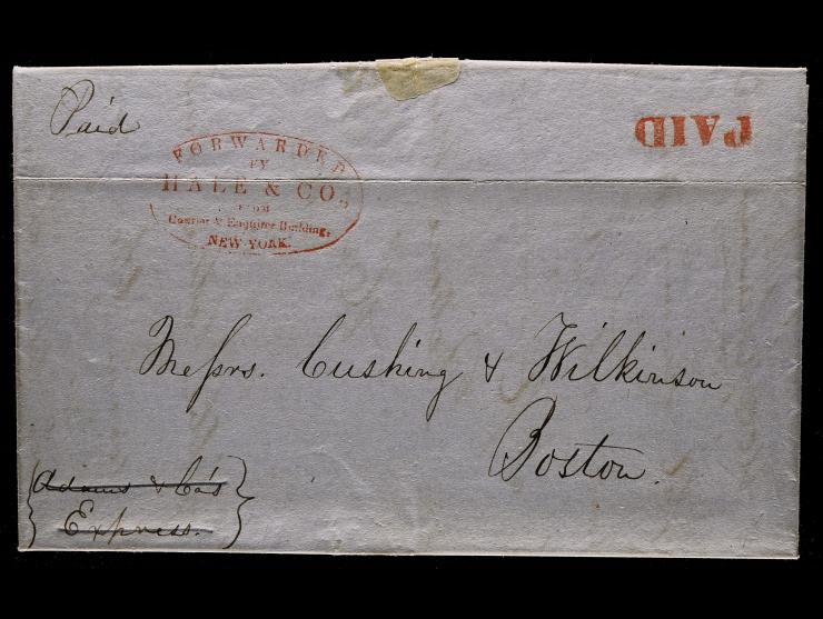Hale & Co., Red Oval New York Forwarding Mark (F-29) with "PAID" Straightline on 1845 Stampless Folded letter to Boston