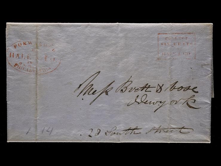 Hale & Co., Red "Collect Six Cents" (C-3) and Oval Forwarding (F-33) Handstamps on 1844 Stampless Cover