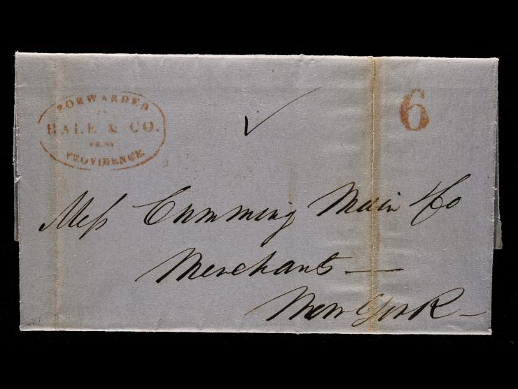 Hale & Co., Red Oval Forwarding (F-36) and Red "6" (C-13) Handstamps on 1845 Stampless Cover, Providence to New York