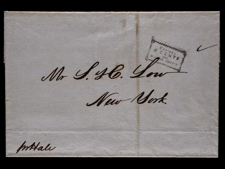 Hale & Co., Black "Collect 6" (C-9) Handstamp on 1844 Folded Letter, Boston to New York