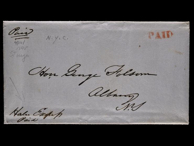Hale & Co., New York to Albany, Red "PAID" Handstamp (P-8), on 1845 Stampless Folded Letter