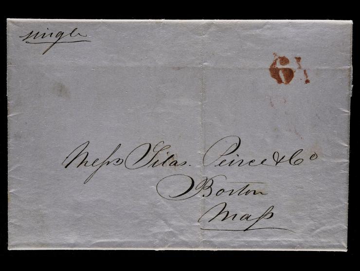 Hale & Co., , New York to Boston, Red "6 1/4" Collect Handstamp (C-14) on 1844 Stampless Folded letter