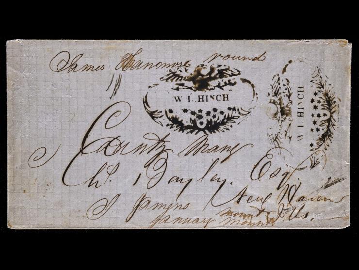 W. L. Hinch, Two Strikes of Fancy Eagle & Stars Ornamented Mortised Handstamp (Type G) on Cover, Carried Out of the Mails