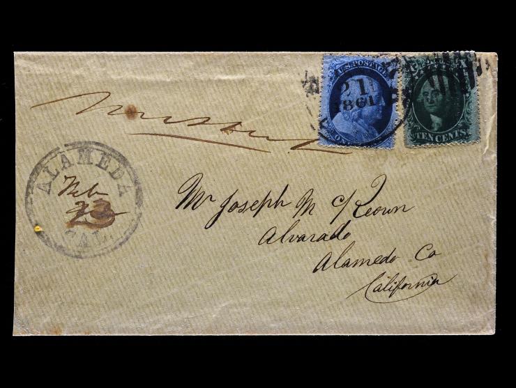 #35, 10c Green and #24, 1c Blue, on 1861 Cover from New York City to Alvarado, Cal., Missent and Forwarded to Alameda