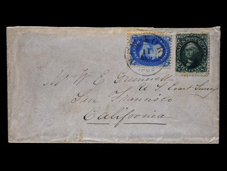 #63 1c Blue and #68 10c Green on 1862 Cover, San Francisco to New York