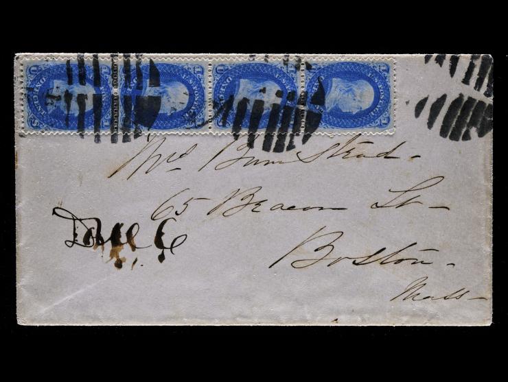 #63 1861 1c Blue, Vertical Strip of Four, Tied by Four Grid Cancel on Cover to Boston, Manuscript "DUE 6."