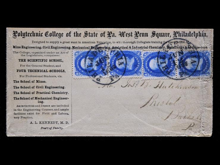 #63 1c Blue, Two Vertical Pairs, Tied on Polytechnic College of Pa. West Penn Square 1861 Advertising Cover