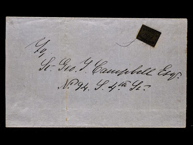 D.O. Blood & Co., 15L12, 2c Gold on Black, Tied by Pencil "S" and Small 4-Bar Grid Cancel, on Folded Local Cover