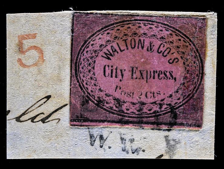 Walton & Co's. City Express, 142L1, 2c Black on Pink, Tied on Piece by "PAID/W.W."