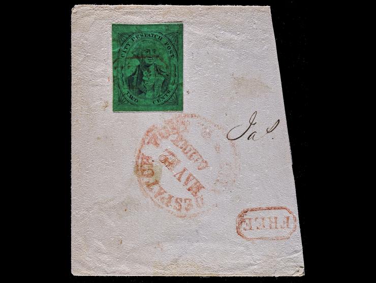 (Mead's) City Despatch Post, 40L2, 2c Black on Green, with "FREE" in Red Frame Cancel on Large Piece
