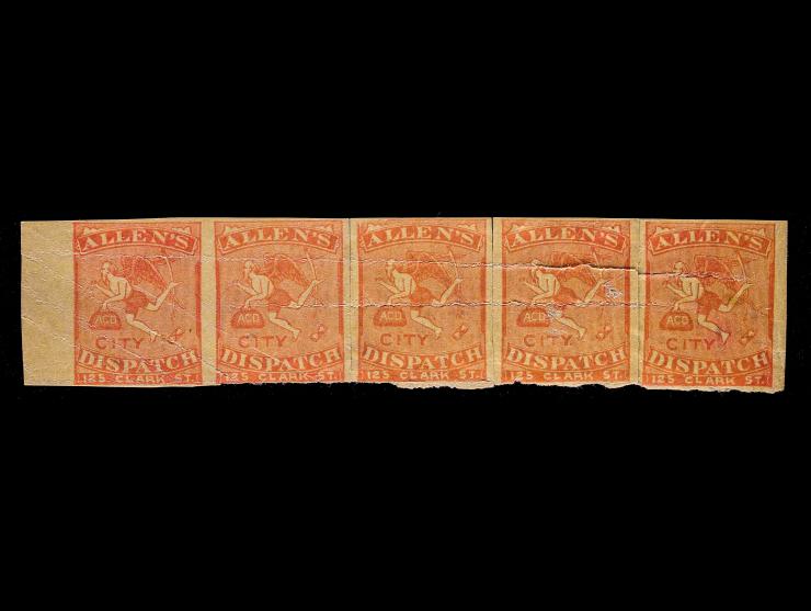 Allen's City Dispatch, 3L3, 1c Red on Yellow, Unused Strip of 5, Imperforate