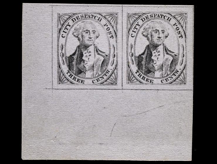 (Greig's) City Despatch Post, 40L1, 3c Black on Grayish, Unused, Horizontal Margin Pair