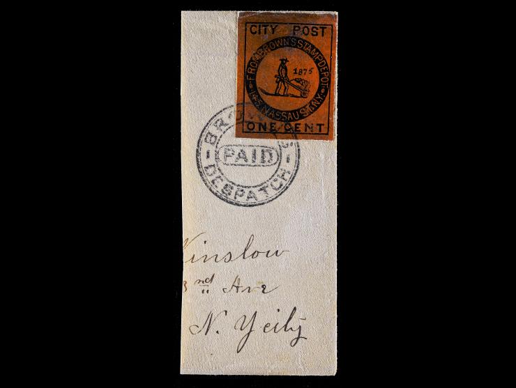 Brown's City Post, 31L5, 1c Black on Vermilion, Tied on Piece by Company Handstamp for Local Delivery