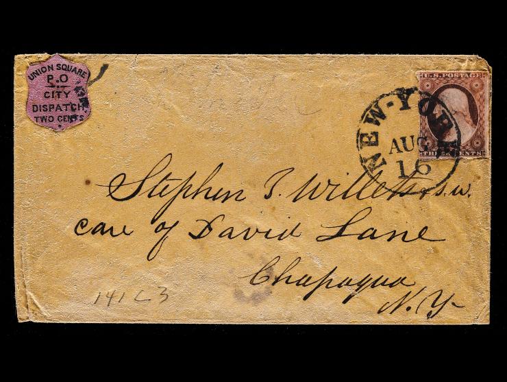 Union Square Post Office, 141L3, 2c Black on Rose, Tied on Cover and #11A 3c Red