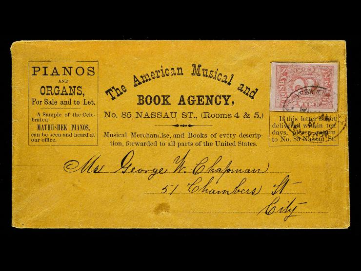 Crosby's City Post, 2c Carmine, 54L1, Tied by Double Oval Company Handstamp on American Musical and Book Agency Advertising Card