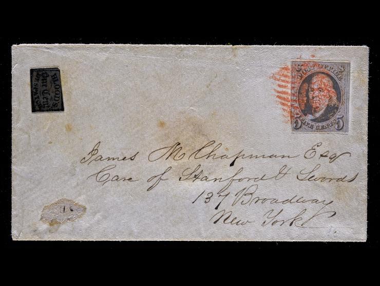 D.O. Blood & Co., 15L13, 1c Bronze on Black, Acid Tied, with 1847 #1 5c Red Brown on Cover to New York
