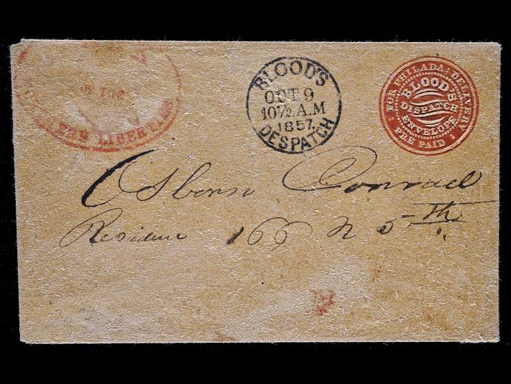 Blood's Dispatch, Red on Buff Wove Paper, 15LU6A, Entire with Red "Bank of the Northern Liberties" Handstamp at Corner